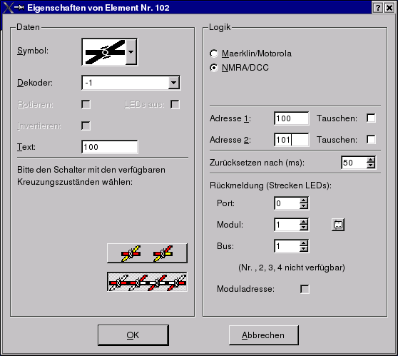 Eigenschaften-Fenster des Elementsymbols für Doppelkreuzweichen