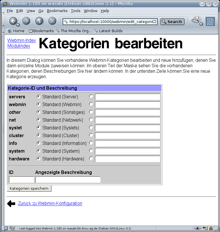 Webmin - Kategorien bearbeiten