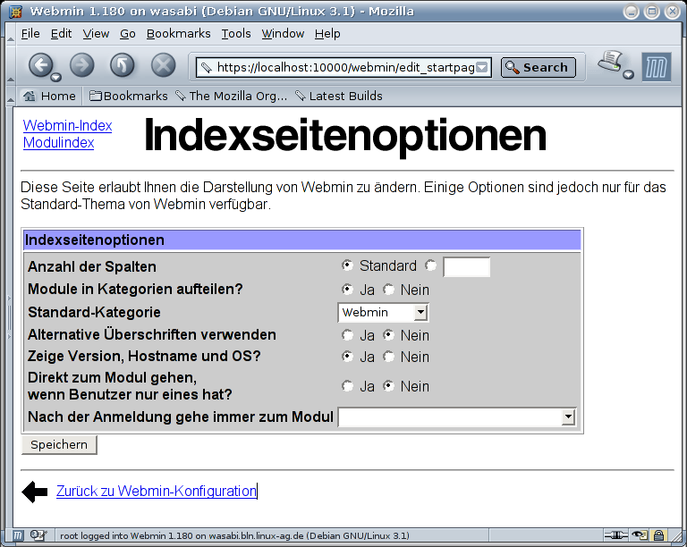 Webmin - Indexseitenoptionen