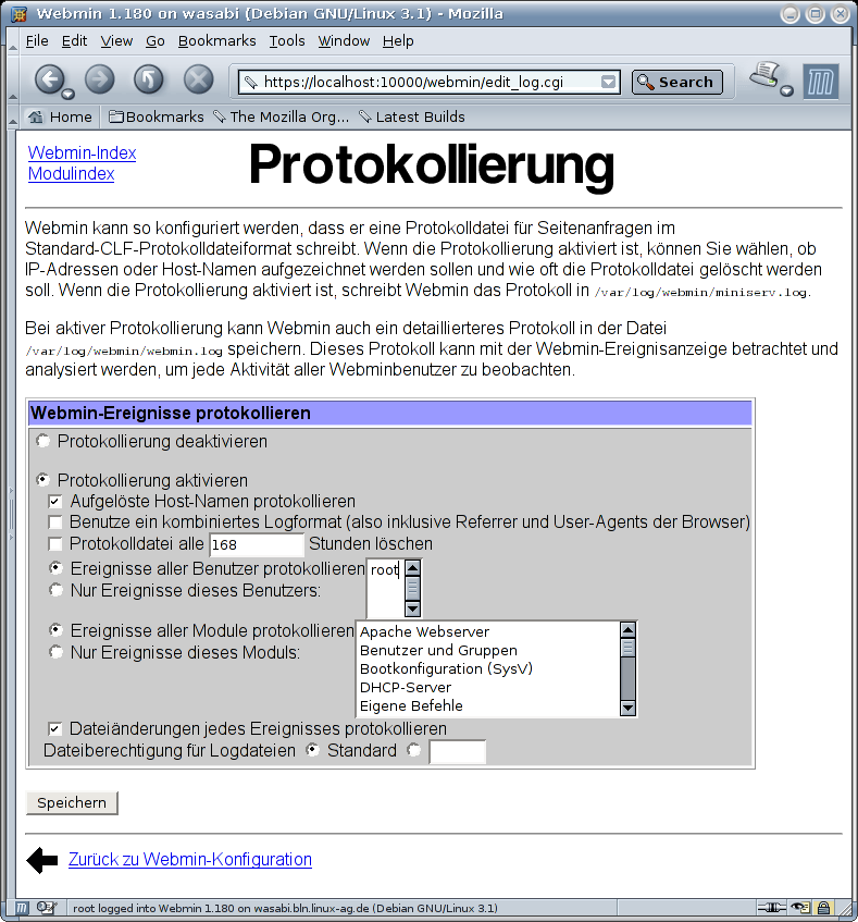 Kategorie Webmin - Konfiguration - Protokollierung