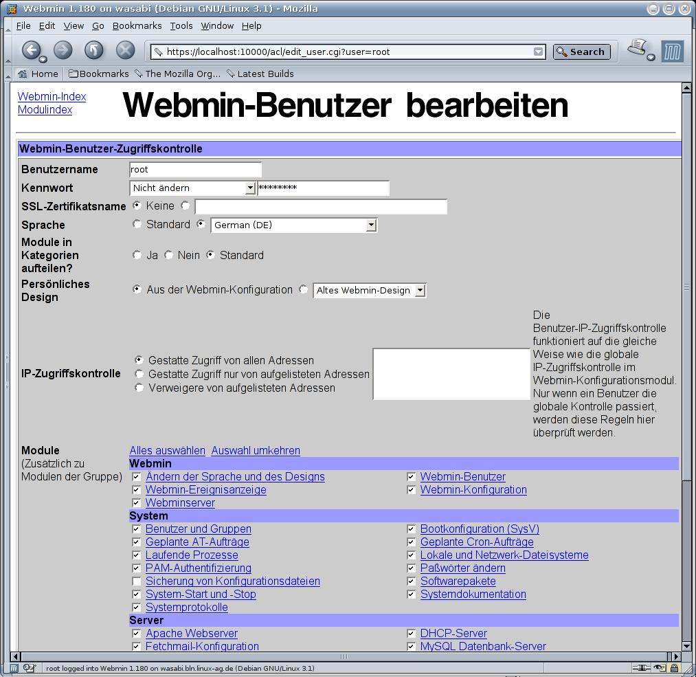 Kategorie Webmin - System - Benutzer und Gruppen - ändern
