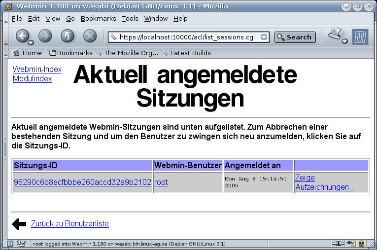 Kategorie Webmin - System - Benutzer und Gruppen - Anmeldungen