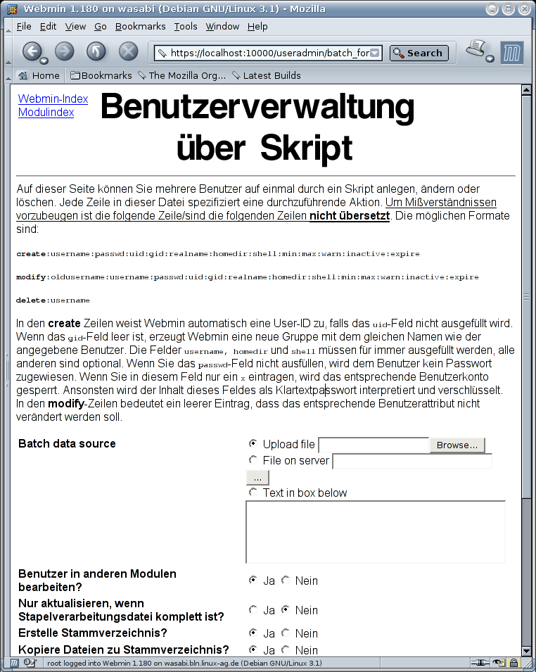 Kategorie Webmin - System - Benutzer und Gruppen - Batch