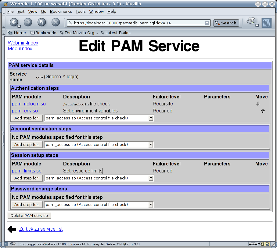 Kategorie Webmin - System - Edit PAM Service