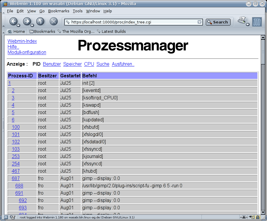 Kategorie Webmin - System - Laufende Prozesse
