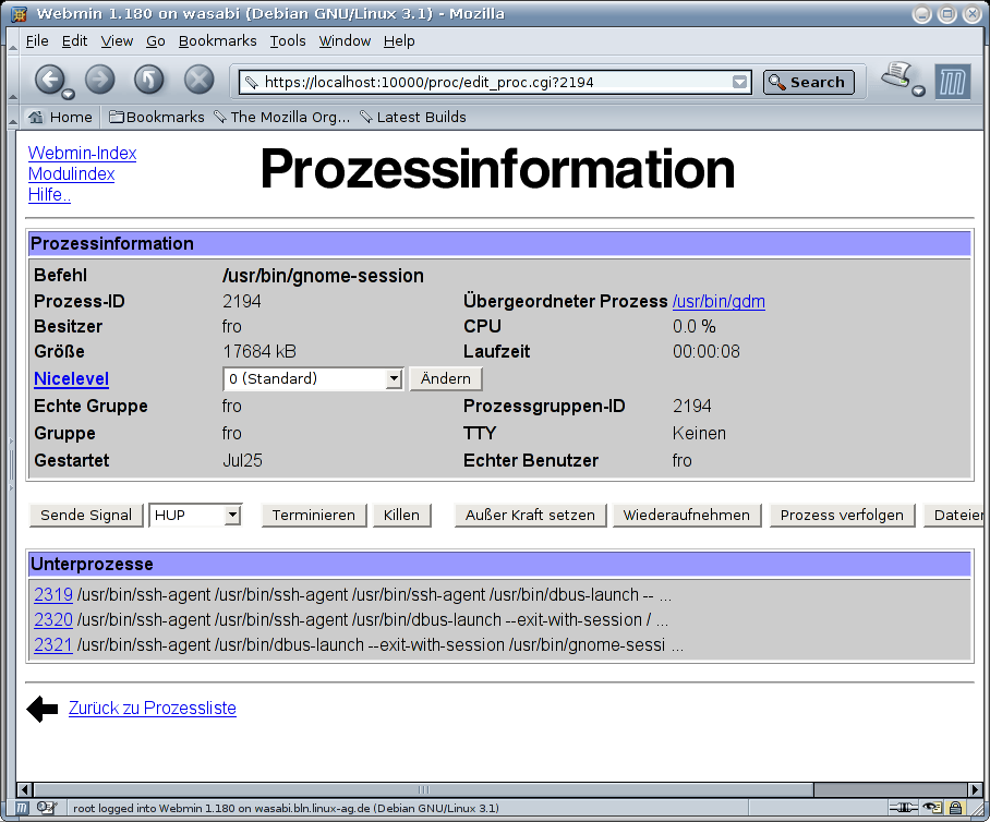 Kategorie Webmin - System - Prozessinformationen